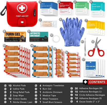 Small First Aid Kit, 100 Pieces Water-Resistant Well Organzied Pouch with Rotatable Buckle - Ideal for Outdoor, Travel, Biking, Camping, Hiking, Car (Red)