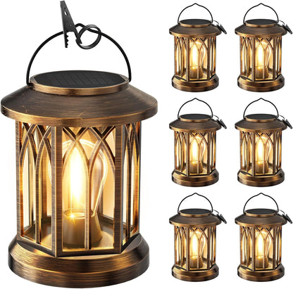 WdtPro Solar Lanterns Outdoor Lights, 6 Pack Bright Lanterns Outdoor Waterproof with Clip Patio Decor, Hanging Solar Lights for Outside Garden Yard Front Porch Table Decoration (Antique Copper)