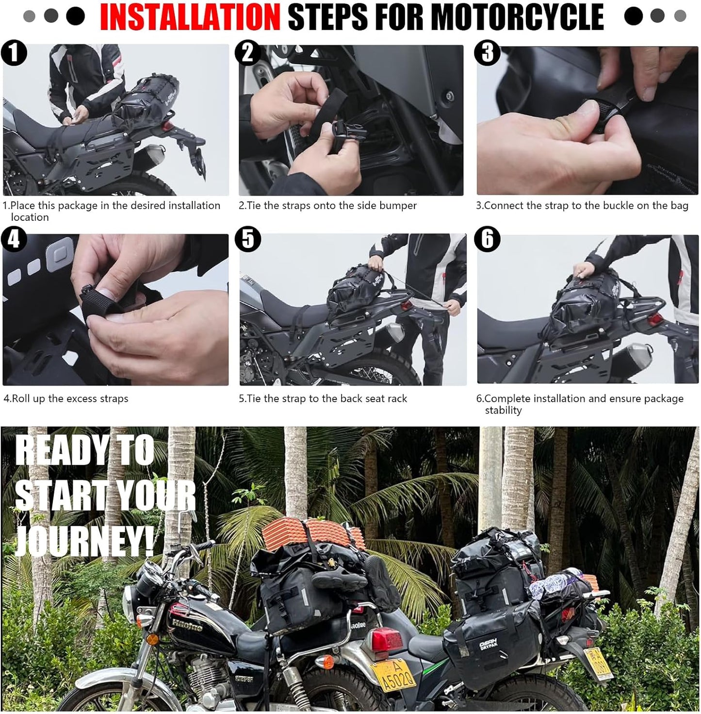 Waterproof Duffel& Luggage Bag - Motorcycle Dry Bag Tail Saddle Bags with Roll Top Closure,Large Storage Space,for Camping, Kayaking, Fishing & Traveling(Black, 20L)