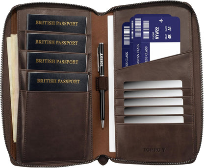 TORRO Premium Leather Family Travel Wallet, RFID Blocking Travel Organizer, Family Passport Holder for 4 Passports, Travel Documents and Cards (Dark Brown)