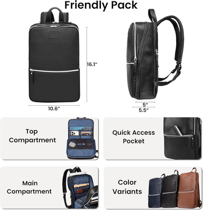 LEATHER VILLAGE Leather Laptop Backpack for Men |Black | Slim Professional Business Bag Fits 15.6”-Laptop | Water-Repellent Work & Travel Daypack with Trolley Strap