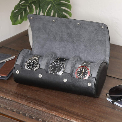 ROTHWELL Watch Roll Travel Case for 3 Watches | Tough Portable Protection, Fits All Wrist Watch & Smart Watches Up to 50mm (Black/Grey)
