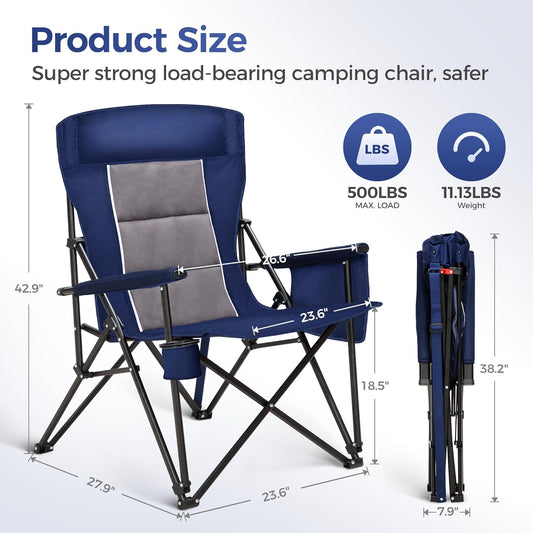 ALPHA CAMP Heavy Duty High Back Camping Chairs with Cup Holder Oversized Folding Chair Outdoor Chair with Headrest,Lawn with Side Pocket for Lawn, Sports and Fishing, 500lbs