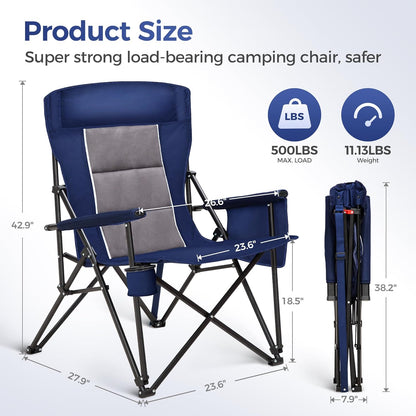 ALPHA CAMP Heavy Duty High Back Camping Chairs with Cup Holder Oversized Folding Chair Outdoor Chair with Headrest,Lawn with Side Pocket for Lawn, Sports and Fishing, 500lbs