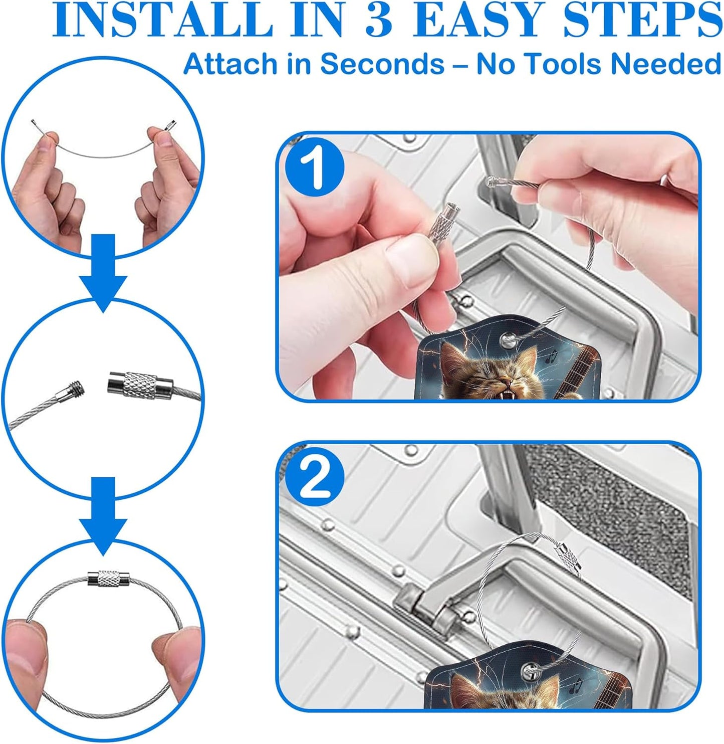 Cat Playing Electric Guitar Luggage Tags for Suitcases Leather Travel Tags for Luggage ID Label with Privacy Cover and Stainless Steel Loop for Men Women Suitcase Backpack, Set of 2