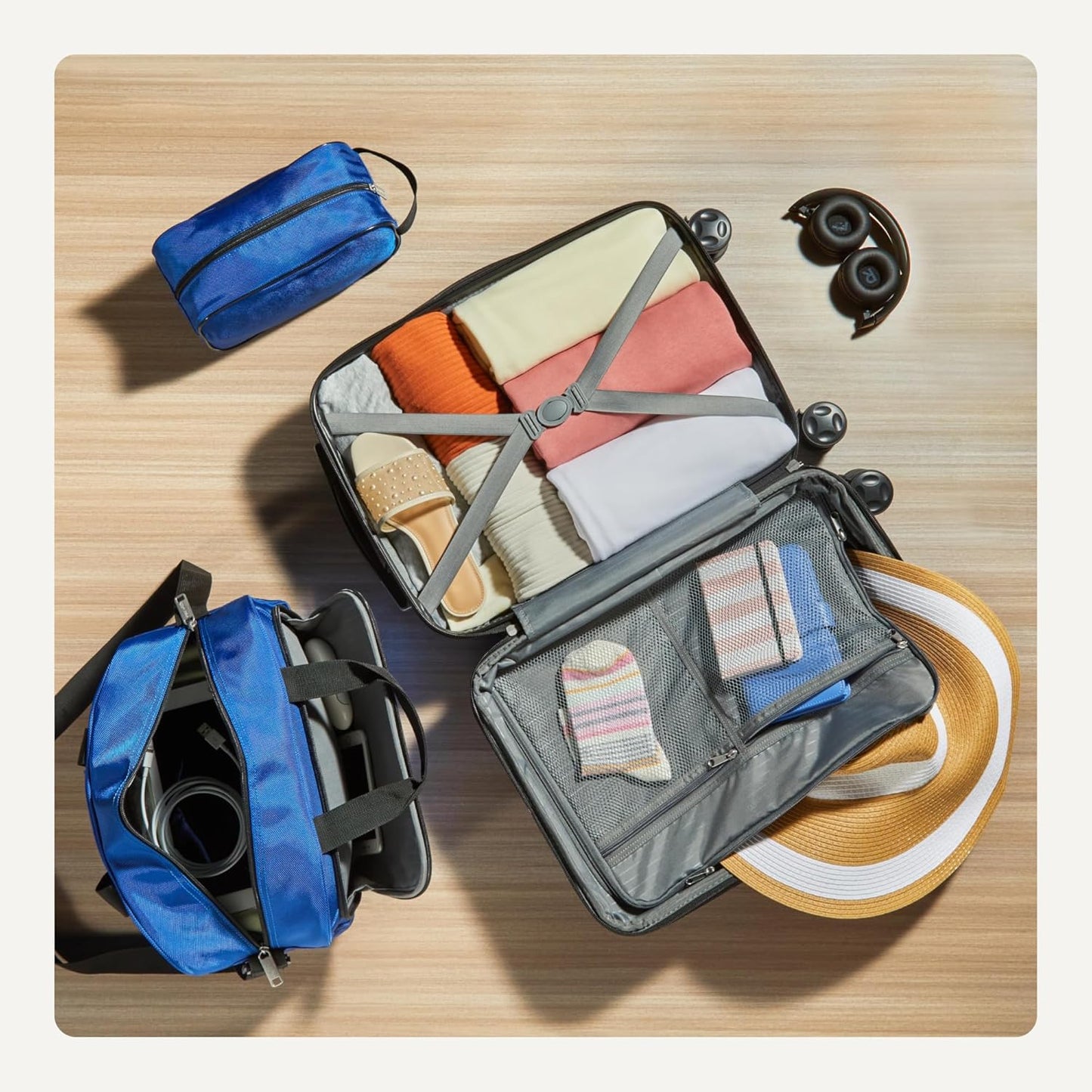 Amazon Basics 3-Piece Luggage Set, Including Carry-On Luggage (22" Expandable Hardside Suitcase With 8 Spinner Wheels), 15" Tote Bag, and 10" Compact Travel Bag, Navy Blue