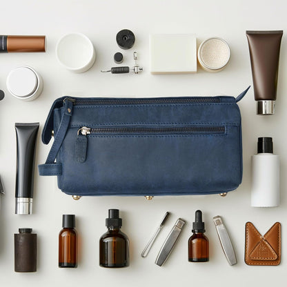 LEATHER VILLAGE Premium Leather Travel Toiletry Bag - Unisex Water-Resistant Travel Dopp Kit, Shaving & Cosmetic Organizer for Men & Women - Compact Bathroom Essentials - Royal Blue