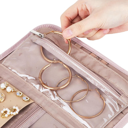 BELALIFE Travel Jewelry Case Organizer, Foldable Storage Roll for Earrings, Necklaces, Rings, Bracelets, Brooches, Pink