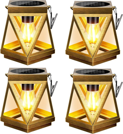 KOOPER Solar Lanterns Outdoor Waterproof, 4 Pack Upgraded Metal Hanging Solar Lights Outdoor Lantern Decorative, Bright Bronze Hanging Lanterns for Yard Patio Table Pathway Garden Decor