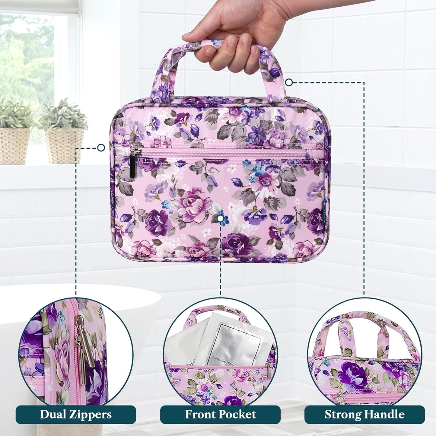 PAVILIA Hanging Toiletry Bag Travel Bag Women Men, Foldable Cosmetic Organizer, Roll up Makeup Bag, Water Resistant Accessories Toiletries, Large Travel Essentials Kit (Purple Floral)