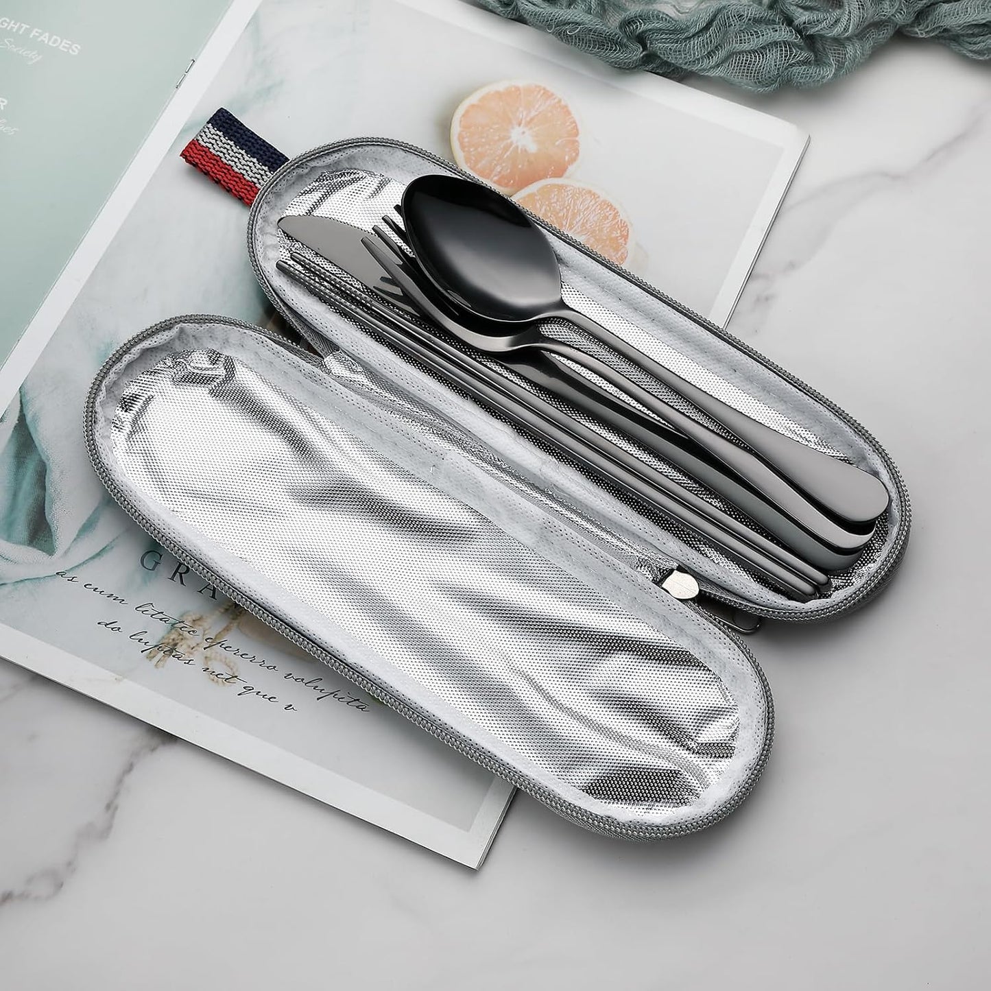 DEVICO Camping Utensils, Portable Travel Utensils with Case, Stainless Steel Reusable Silverware for Lunch Adult, 5Pcs Cutlery Set Includes Knife Spoon Fork Chopsticks and Case (Black)