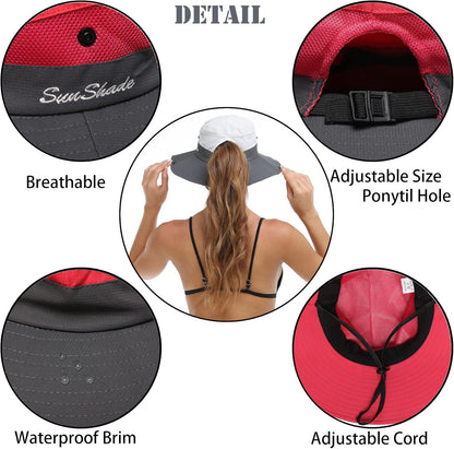 Womens Summer Sun Hat Beach Hat Wide Brim Outdoor UV Protection Hat Foldable Cool Mesh Ponytail Bucket Hat