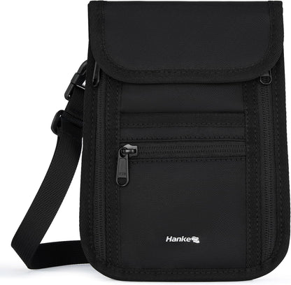 Hanke Passport Holder, Travel Wallet for Womens and Men, Neck Wallet Hidden Passport Pouch for Travel Adjustable Lightweight Thin with 6 compartments (Black)