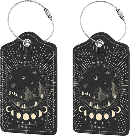 2 Pcs Luggage Tags for Suitcase, Cute Unique PU Leather Travel Bag Tag with Privacy Cover ID Label Address Card and Durable Metal Ring Suitable for Men Women Children Backpack,Mountain Range