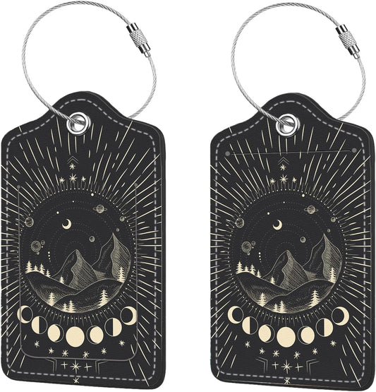 2 Pcs Luggage Tags for Suitcase, Cute Unique PU Leather Travel Bag Tag with Privacy Cover ID Label Address Card and Durable Metal Ring Suitable for Men Women Children Backpack,Mountain Range