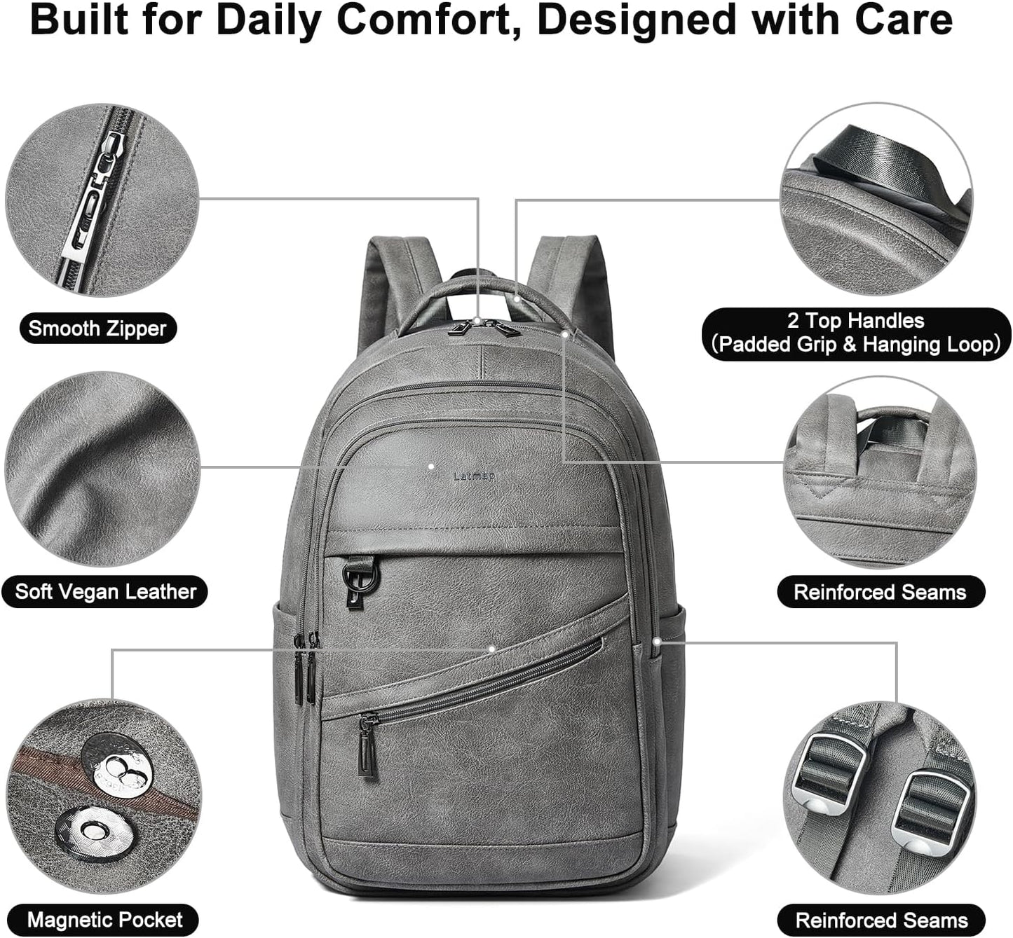 43L Backpack for Women Men - Vegan Leather Backpack Purse Travel Carry-on Bag College Bookbag Work fits 17" Laptop,DimGray