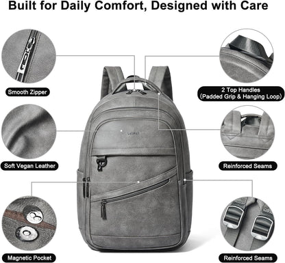 43L Backpack for Women Men - Vegan Leather Backpack Purse Travel Carry-on Bag College Bookbag Work fits 17" Laptop,DimGray