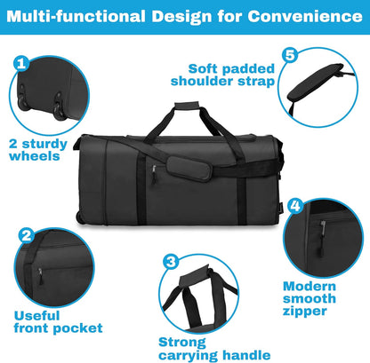 Finnhomy 100L Foldable Rolling Duffel Bag with 2 Wheels, Light Weight Travel Duffel bag with Large Loading Capacity, 32 inch Rolling Duffel bag with Shoulder Strap for Travel Camping Sports, black