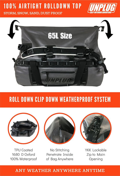 UNPLUG Waterproof Bags for Travel -1680D Heavy Duty Waterproof Duffel Bag for Camping, Motorcycle Dry Bag, Hunting Bag, Bug Out Bag, dry bags for kayaking waterproof boat bag (65L Storm Grey)