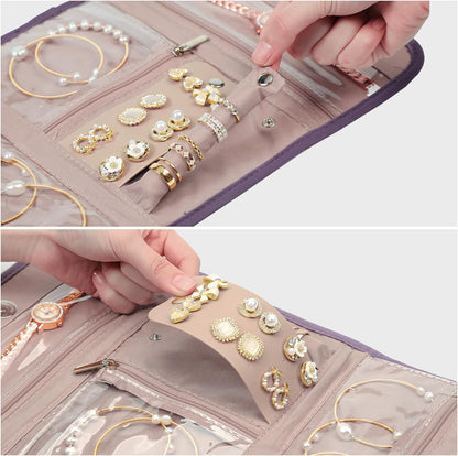 BELALIFE Travel Jewelry Case Organizer, Foldable Storage Roll for Earrings, Necklaces, Rings, Bracelets, Brooches, Purple