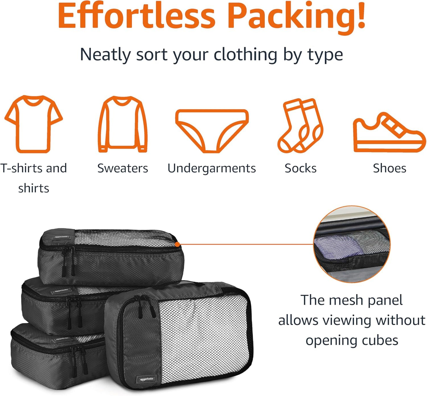 Amazon Basics Small Packing Cubes for Travel, Packing Organizers, 4-Piece-Set With Double Zipper Pulls and Mesh Top Panel, 100% Durable Polyester, Black, 11"L x 6.8"W x 3"H