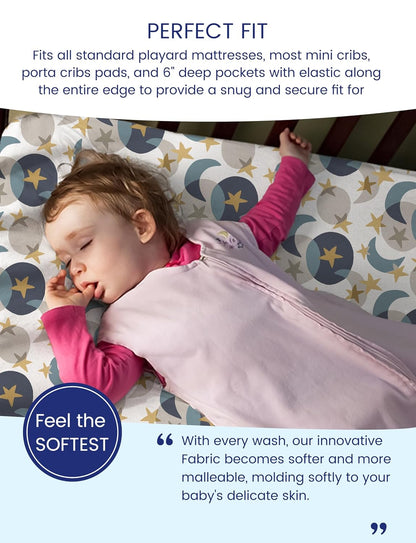 TotAha Space Mini Crib Sheets Fitted, Star & Moon Pack N Play Sheets, Super Stretchy Jersey Knit Playard Sheets, Compatible with Graco Pack N Play Playard Crib and Other Playpen Mattress