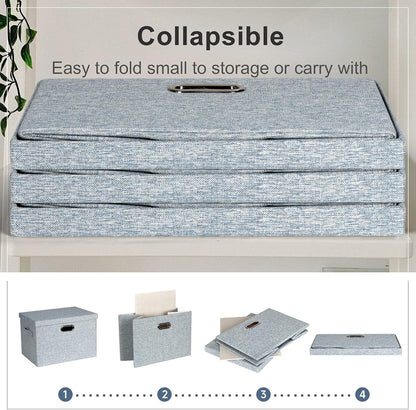 Large 17" 36 Quart Collapsible Stackable Storage Bins with Lids, 3 Packs Blue-Grey Linen Fabric Closet Boxes with Lids, Storage Cube Baskets Container Organizers for Bedroom (17x12x11)