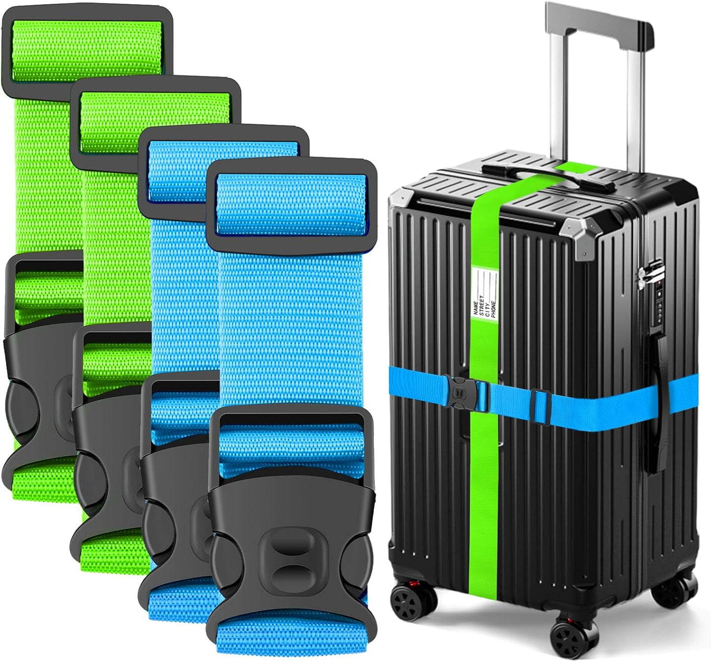 BILIONE Luggage Straps 88 inch Adjustable Suitcase Belt, Lockable Against Accidental Opening, Easy to Identify Travel Accessories, Add a Bag Connector (Vibrant Blue + Green, 4)
