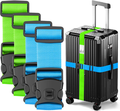 BILIONE Luggage Straps 88 inch Adjustable Suitcase Belt, Lockable Against Accidental Opening, Easy to Identify Travel Accessories, Add a Bag Connector (Vibrant Blue + Green, 4)