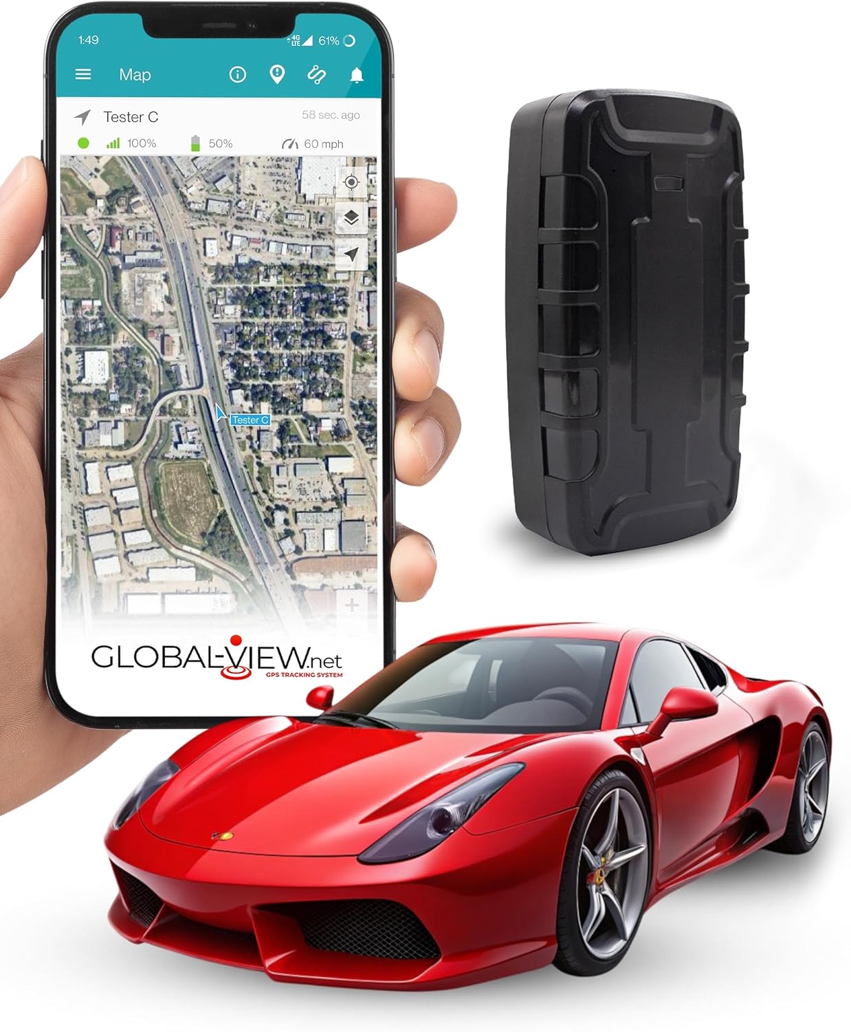 Global View Hidden Magnetic GPS Tracker – Real-Time Car Tracker, Subscription Required – Quick Setup, Magnetic Backing, Fleet Tracking Device Software, Long Battery Life, Geofence, Speed Alert