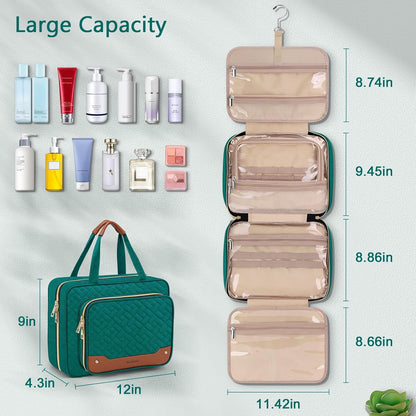 Wedama Toiletry Bag for Women, Hanging Travel Toiletry Bag with Jewelry Organizer Compartment Large Makeup Bag, PVC Waterproof Cosmetic Travel Bag Trips Camping Bathroom, Green+Brown
