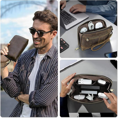 Top Grain Leather Text Custom Electronic Organizer Zipper Bag Tech Pouch - Image 7