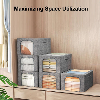 GoMaihe Clothes Storage Bins Metal Frame: 6-Pack Compact Stackable Closet Storage Bin with Lid & Clear Window, Space Saving Organizer for Sweaters Kids Clothing (Dorm/Closet 27L)