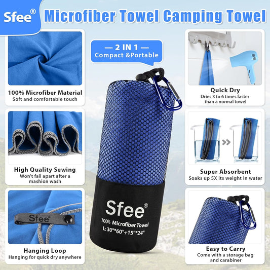Sfee 2 Pack Microfiber Travel Towel, Quick Dry Camping Towel Super Absorbent Compact Lightweight Sports Towel Swim Gym Towels Set for Gym, Hiking, Pool, Backpacking, Bath, Yoga
