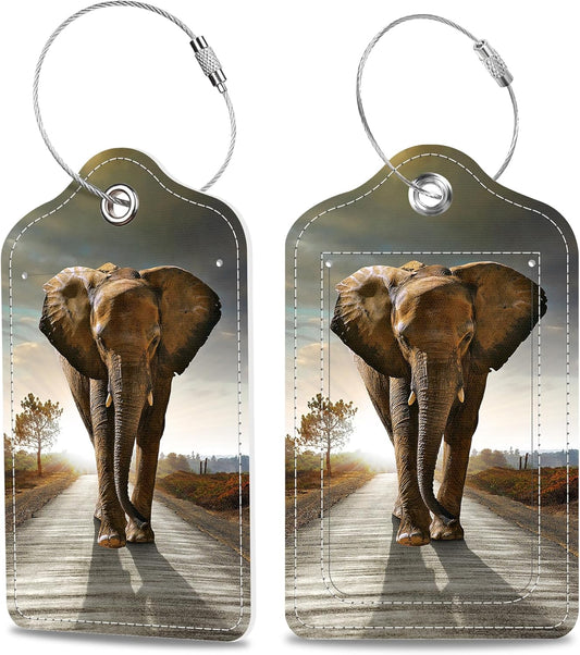 2 Pack Luggage Tags for Suitcase Elephant Walking with The Sun Leather Stainless Steel Loop Label Tags for Women Men Travel Bag Suitcase with Privacy Cover Name ID Card