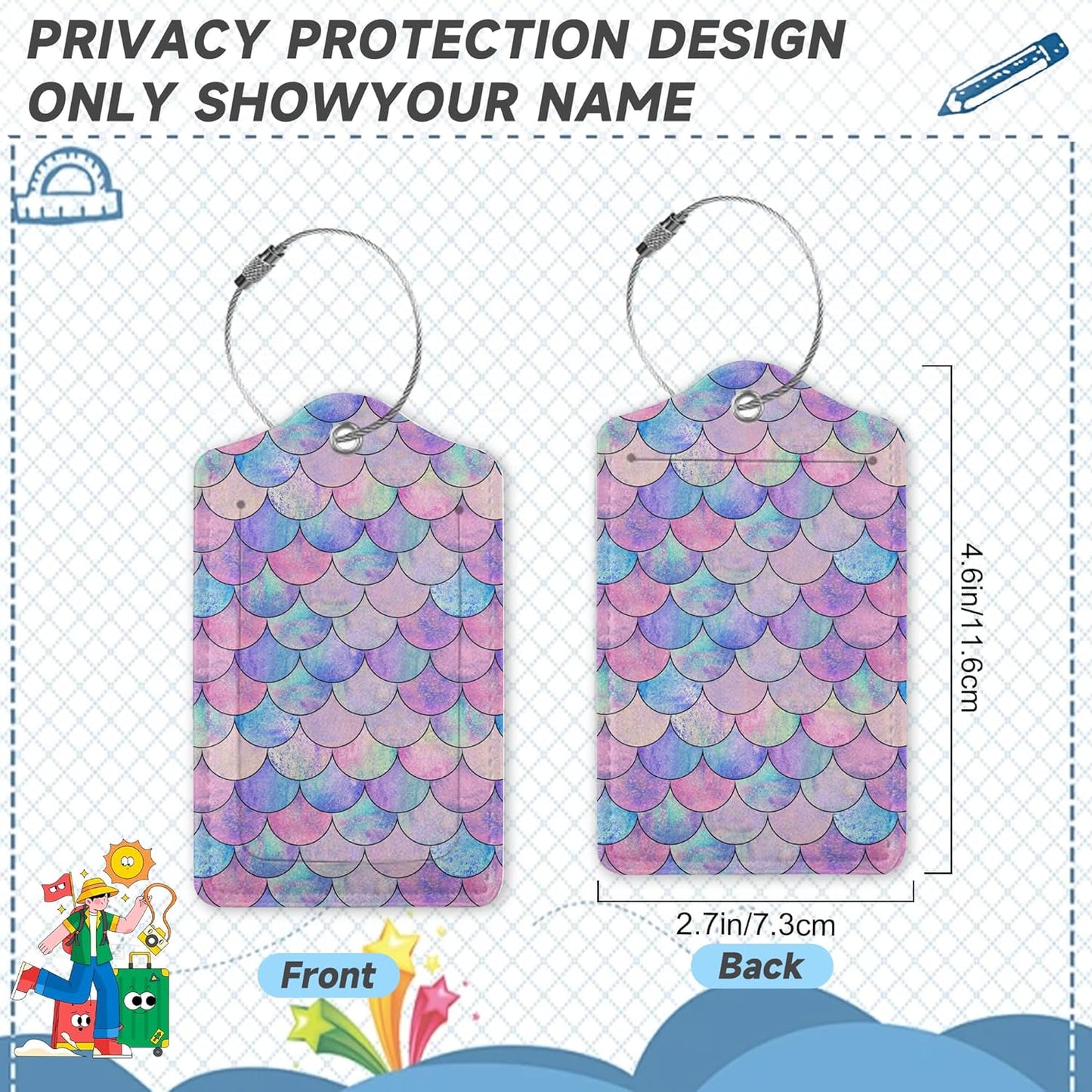 Set of 2 Luggage Tag for Suitcases LeatherMermaid Fish Scale Wave Tags with Stainless Steel Loop Privacy Name ID Card Cover Travel Bag Labels Set for Women Men Kids Girls