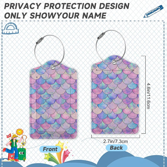 Set of 2 Luggage Tag for Suitcases LeatherMermaid Fish Scale Wave Tags with Stainless Steel Loop Privacy Name ID Card Cover Travel Bag Labels Set for Women Men Kids Girls