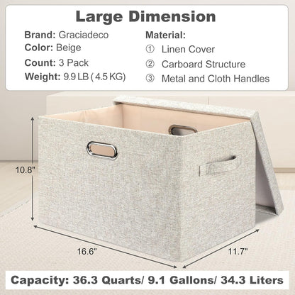 Large Quart Collapsible Stackable Storage Bins with Lids, 3 Packs Beige Linen Fabric Closet Boxes with Lids, Storage Cube Baskets Container Organizers for Bedroom Office(16.6 x 11.7 x 10.8)