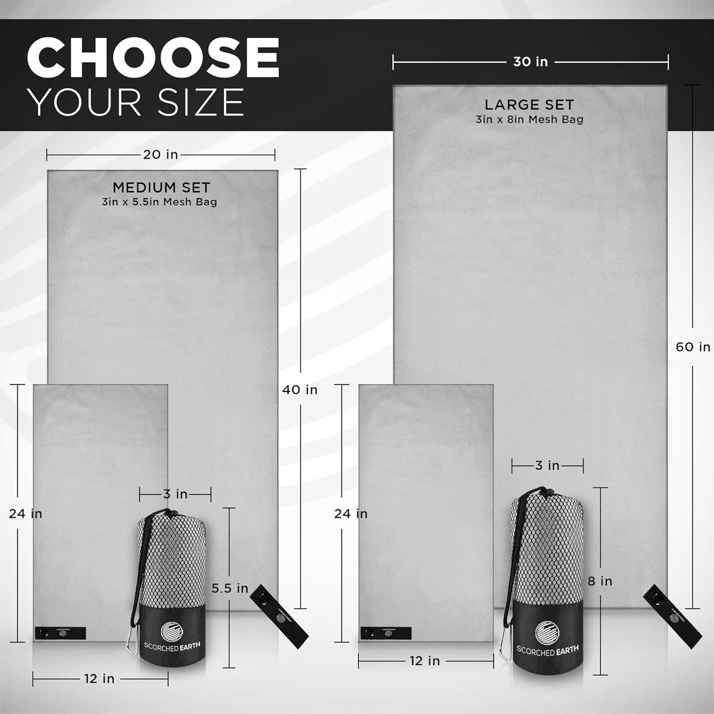 ScorchedEarth Microfiber Travel & Sports Towel Set - Quick Dry, Super Absorbent, Compact, Lightweight - for Camping, Backpacking, Hiking, Beach, Yoga, Swimming - Includes 2 Sizes + Carrying Bag & Clip