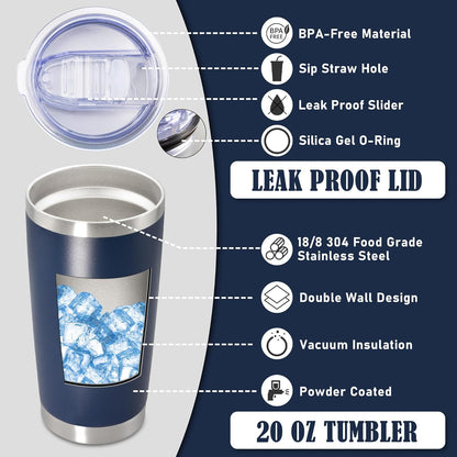 20 oz Tumbler Coffee Tavel Tumblers Bulk with Lid Stainless Steel Double Wall Vacuum Insulated Mug Powder Coated Cups fit Car Cupholder for Hot and Cold - Navy, 8Pack
