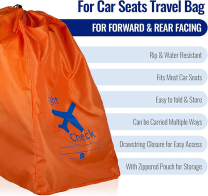 Car Seat Travel Bag and Carrier for Gate Check with Travel Pouch - Bright Orange with Blue Letters for Airport, Airplane Gate Check, Car Trips and Storage Double Backpack Straps | Carseat Bag for sto