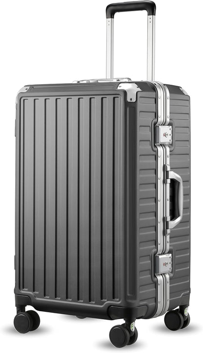 LUGGEX Checked Luggage with Spinner Wheels, 24 Inch Aluminum Frame Zipperless Polycarbonate Hard Shell Suitcase, Charcoal Metallic
