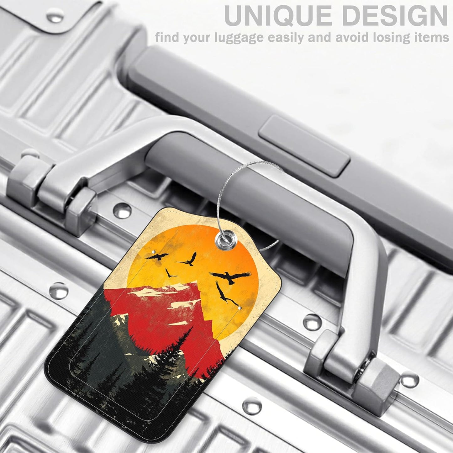 2 Pack Luggage Tags for Suitcases Mountain Landscape at Sunset Leather Luggage Tags Privacy Cover ID Label with Stainless Steel Loop and Address Card for Women Men Travel Bag Backpack