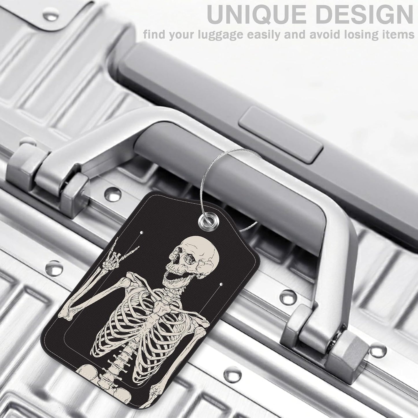 2 Pcs Rock and Roll Skull Luggage Tags for Suitcases PU Leather Baggage Tags Name ID Label with Privacy Cover and Stainless Steel Loop for Men Women Travel Bag Suitcase
