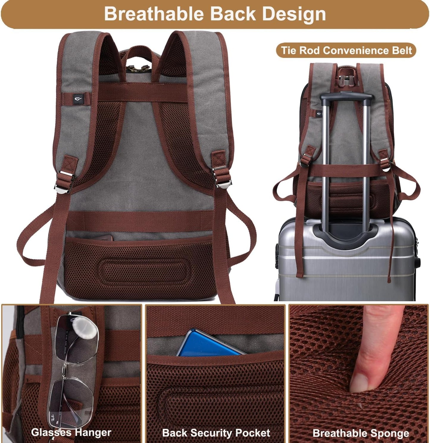 Mactso Canvas Travel Laptop Backpack for Men Women, Business Work Rucksack College School Computer Bag Fits 15.6 Inch Notebook,Bookbag with USB Charging Port (Grey, 15.6 Inch)