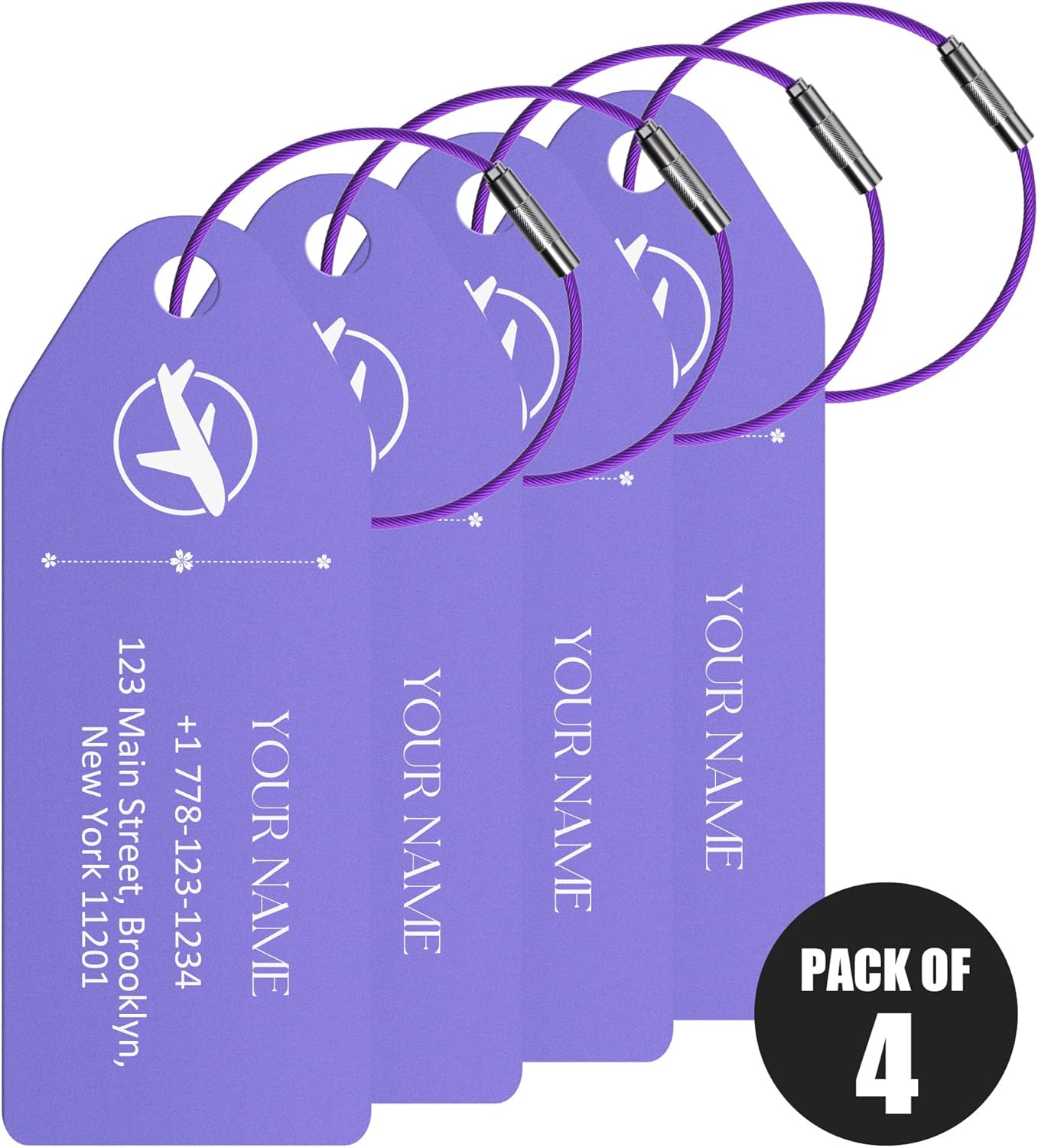 4 PCS Personalized Metal Luggage Tag – Personalized Engraved Suitcase Tag, Backpack Tag, with Matching Color Strap, Waterproof Suitcase Name Badge – Ideal Corporate Gift & Travel Accessory (Purple)