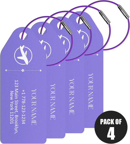 4 PCS Personalized Metal Luggage Tag – Personalized Engraved Suitcase Tag, Backpack Tag, with Matching Color Strap, Waterproof Suitcase Name Badge – Ideal Corporate Gift & Travel Accessory (Purple)