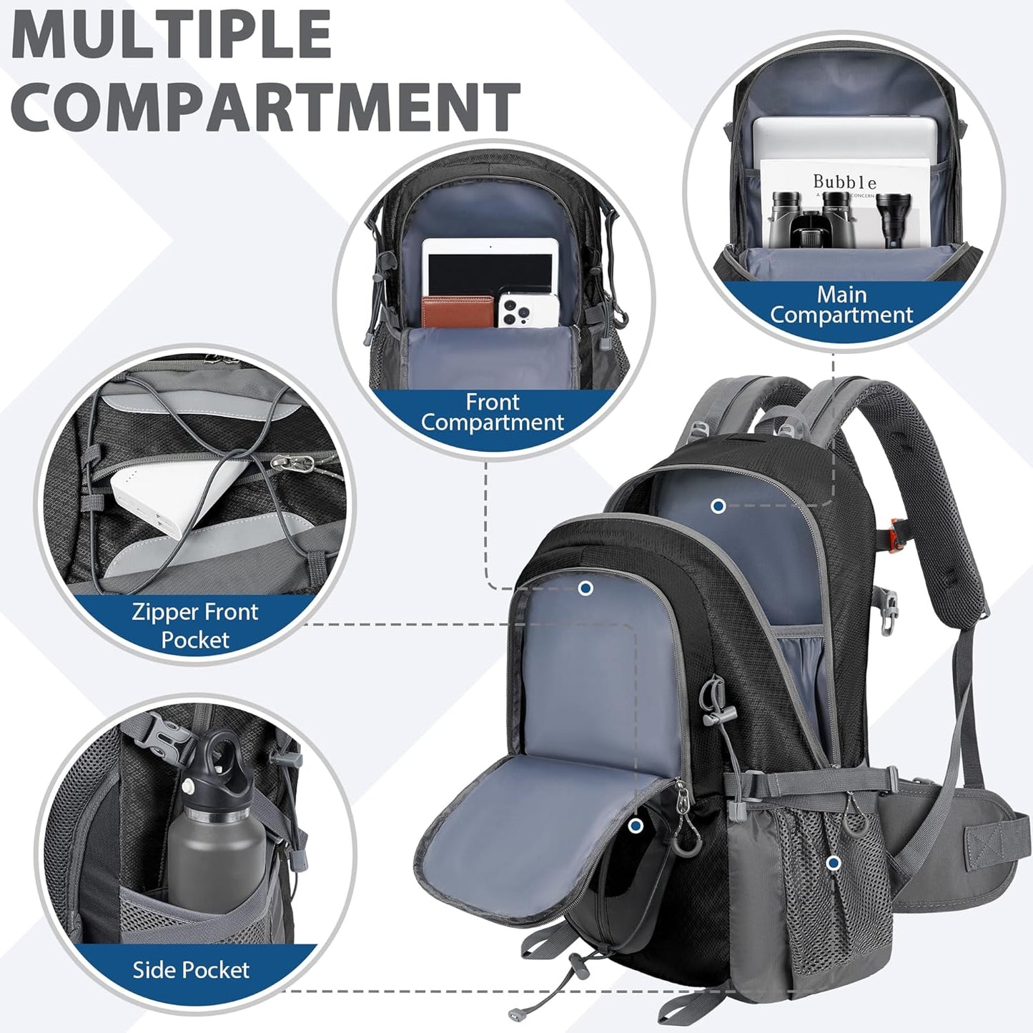 Hiking Backpack 30L Lightweight Travel Daypack Small Day Pack for Men Women Outdoor Camping Backpacking, Black