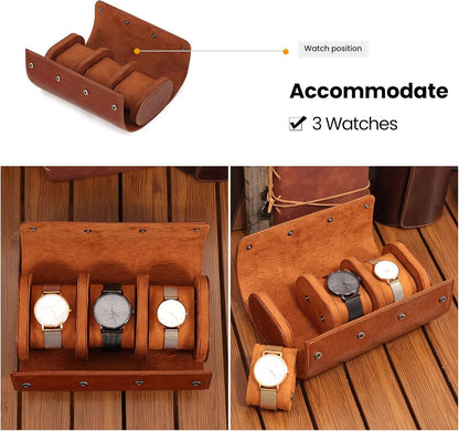 JOYIR Watch Roll for Travel, Genuine Leather Watch Case Organizer with 3 Pillows | Portable Storage & Display Case for Men, Women | Ideal Gift for Father's Day, Birthday, Christmas