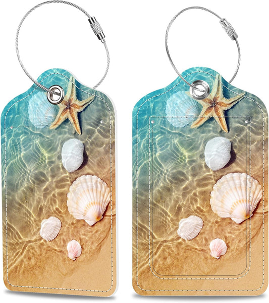 Luggage Tags for Suitcase Starfish and Seashell in Sea Water 2 PCS Leather Travel Cruise Luggage Tag with Stainless Steel Loop Name ID Label Privacy Cover for Women Men Travel Bag Labels Set
